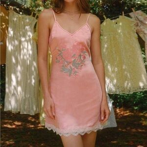 Pink Floral Slip Dress with Lace Trim